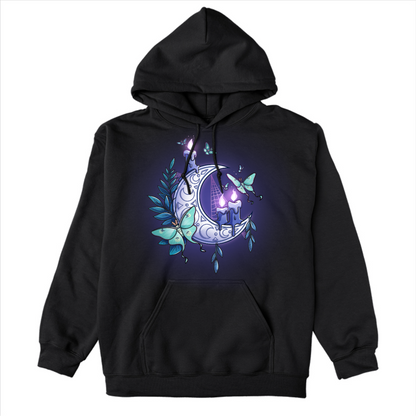 Pullover Hoodie_TeeTurtle black Moonlit Luna Pullover Hoodie featuring a glowing purple crescent moon adorned with candles, a luna moth, and delicate fern leaves in a mystical nighttime design.