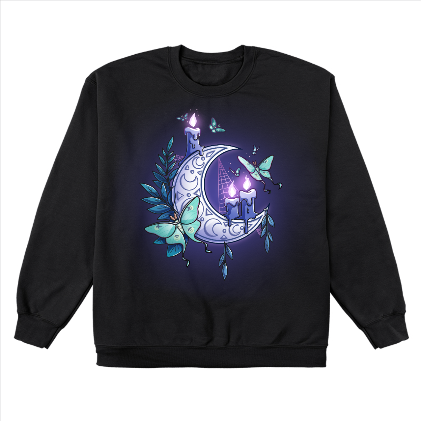 Crew Neck Sweatshirt_TeeTurtle black Moonlit Luna Crew Neck Sweatshirt featuring a glowing purple crescent moon adorned with candles, a luna moth, and delicate fern leaves in a mystical nighttime design.