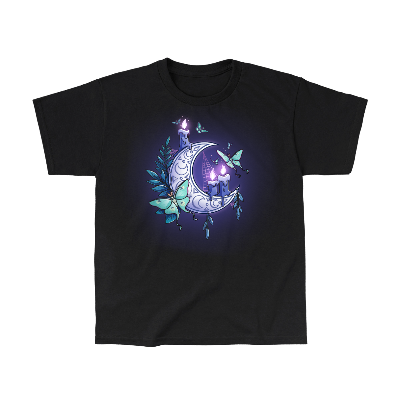 Classic Cotton T-shirt_TeeTurtle black Moonlit Luna Classic Cotton T-shirt featuring a glowing purple crescent moon adorned with candles, a luna moth, and delicate fern leaves in a mystical nighttime design.