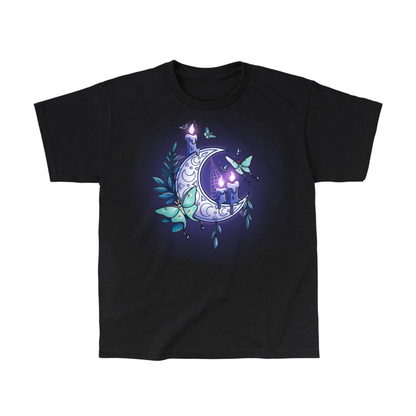 Classic Cotton T-shirt_TeeTurtle black Moonlit Luna Classic Cotton T-shirt featuring a glowing purple crescent moon adorned with candles, a luna moth, and delicate fern leaves in a mystical nighttime design.
