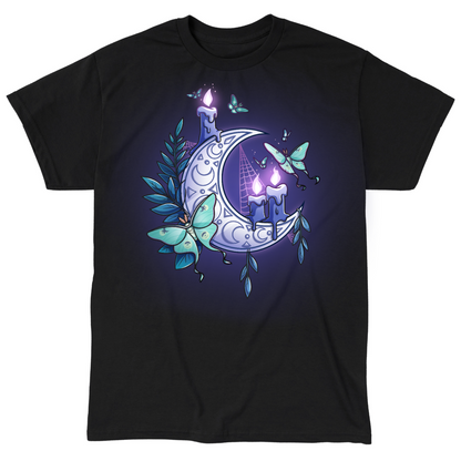 Classic Cotton T-shirt_TeeTurtle black Moonlit Luna Classic Cotton T-shirt featuring a glowing purple crescent moon adorned with candles, a luna moth, and delicate fern leaves in a mystical nighttime design.