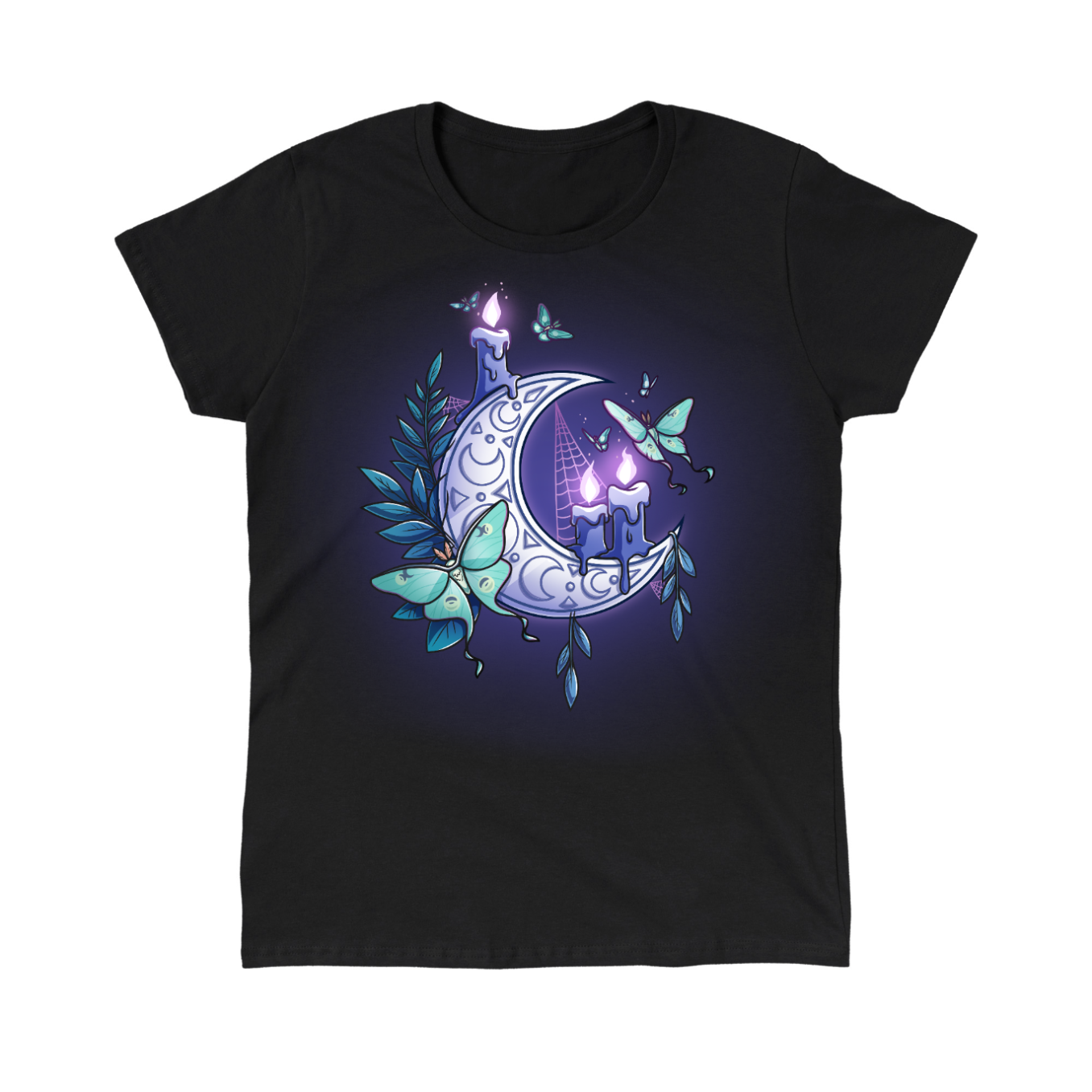 Classic Cotton T-shirt_TeeTurtle black Moonlit Luna Classic Cotton T-shirt featuring a glowing purple crescent moon adorned with candles, a luna moth, and delicate fern leaves in a mystical nighttime design.