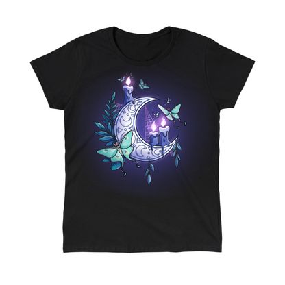 Classic Cotton T-shirt_TeeTurtle black Moonlit Luna Classic Cotton T-shirt featuring a glowing purple crescent moon adorned with candles, a luna moth, and delicate fern leaves in a mystical nighttime design.