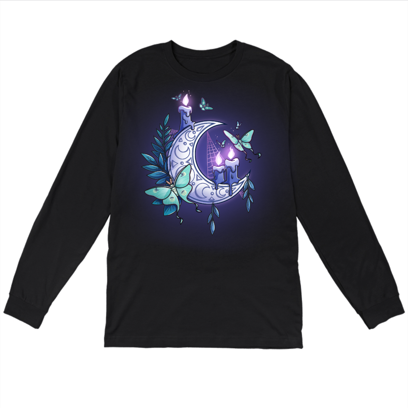 Long Sleeve T-shirt_TeeTurtle black Moonlit Luna Long Sleeve T-shirt featuring a glowing purple crescent moon adorned with candles, a luna moth, and delicate fern leaves in a mystical nighttime design.