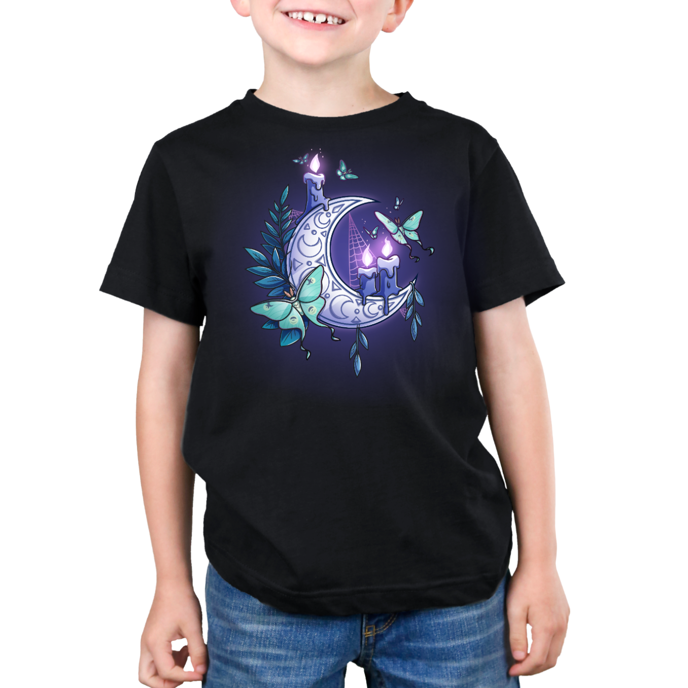 Premium Cotton T-shirt_TeeTurtle black Moonlit Luna Premium Cotton T-shirt featuring a glowing purple crescent moon adorned with candles, a luna moth, and delicate fern leaves in a mystical nighttime design.