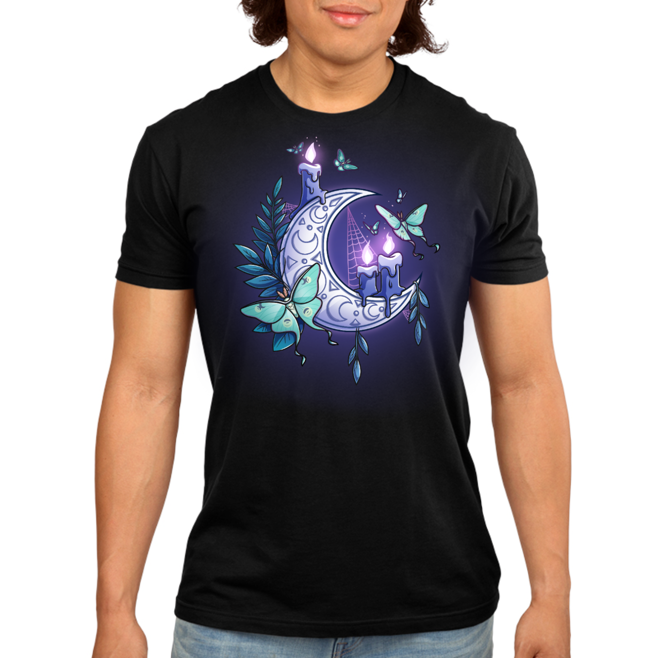 Premium Cotton T-shirt_TeeTurtle black Moonlit Luna Premium Cotton T-shirt featuring a glowing purple crescent moon adorned with candles, a luna moth, and delicate fern leaves in a mystical nighttime design.