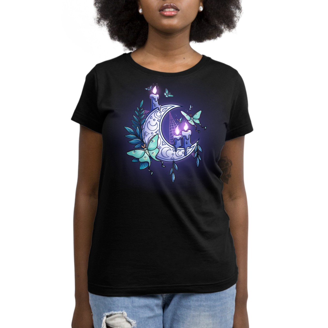 Premium Cotton T-shirt_TeeTurtle black Moonlit Luna Premium Cotton T-shirt featuring a glowing purple crescent moon adorned with candles, a luna moth, and delicate fern leaves in a mystical nighttime design.