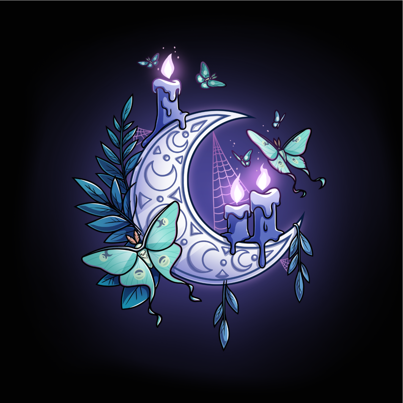 Crew Neck Sweatshirt_TeeTurtle black Moonlit Luna Crew Neck Sweatshirt featuring a glowing purple crescent moon adorned with candles, a luna moth, and delicate fern leaves in a mystical nighttime design.