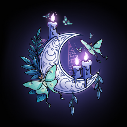 Premium Cotton T-shirt_TeeTurtle black Moonlit Luna Premium Cotton T-shirt featuring a glowing purple crescent moon adorned with candles, a luna moth, and delicate fern leaves in a mystical nighttime design.