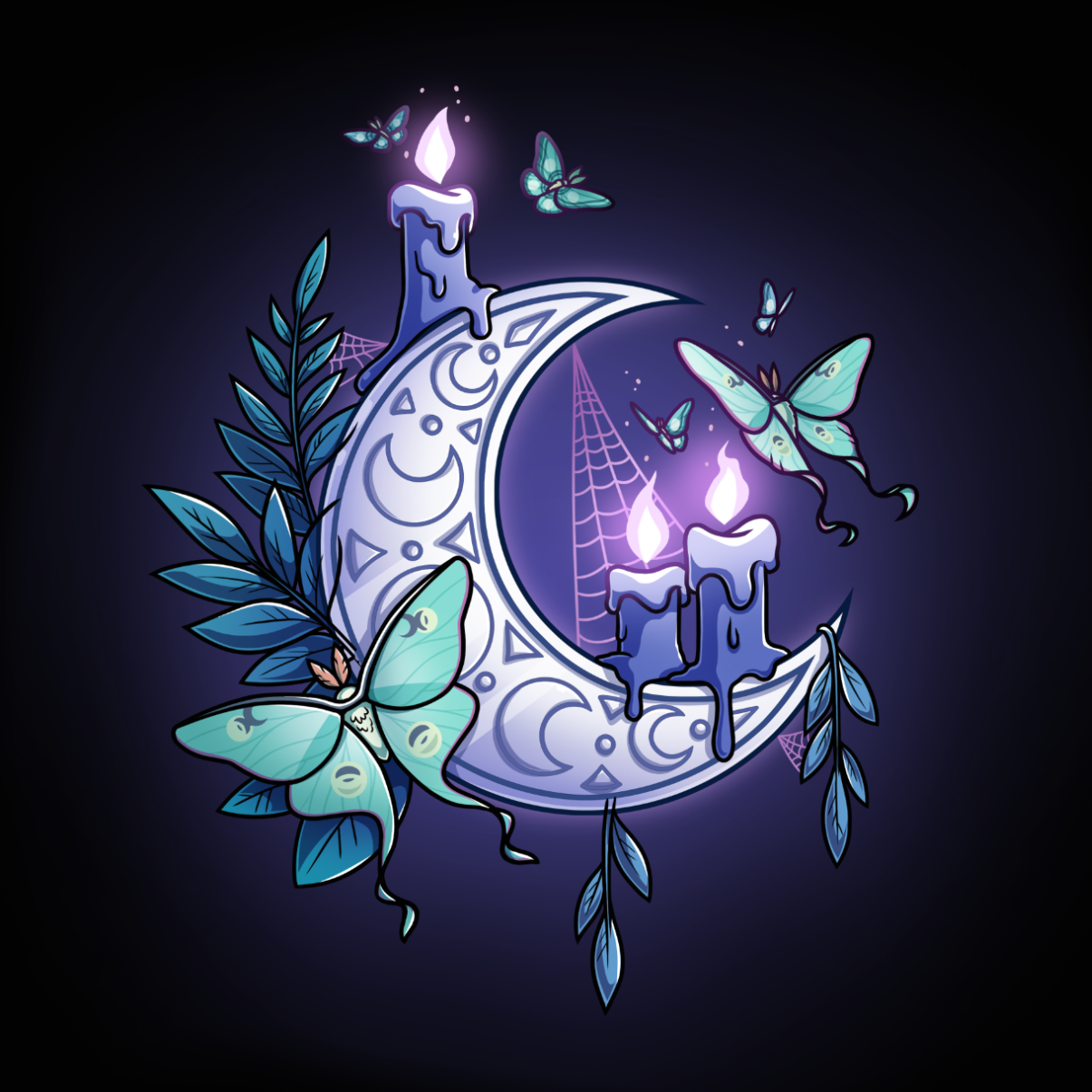Long Sleeve T-shirt_TeeTurtle black Moonlit Luna Long Sleeve T-shirt featuring a glowing purple crescent moon adorned with candles, a luna moth, and delicate fern leaves in a mystical nighttime design.