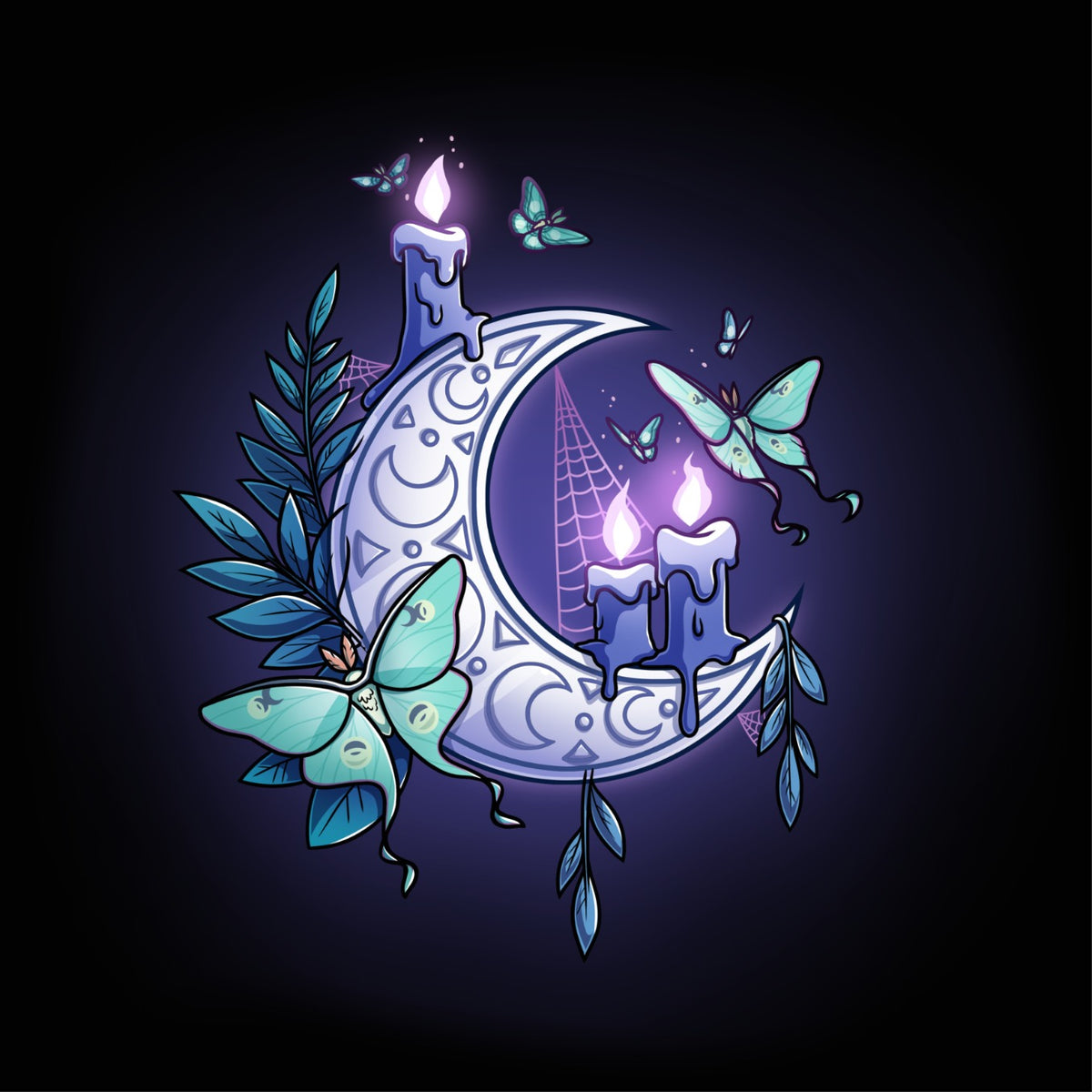 Women's Premium T-shirt_TeeTurtle black Moonlit Luna Premium Cotton T-shirt featuring a glowing purple crescent moon adorned with candles, a luna moth, and delicate fern leaves in a mystical nighttime design.