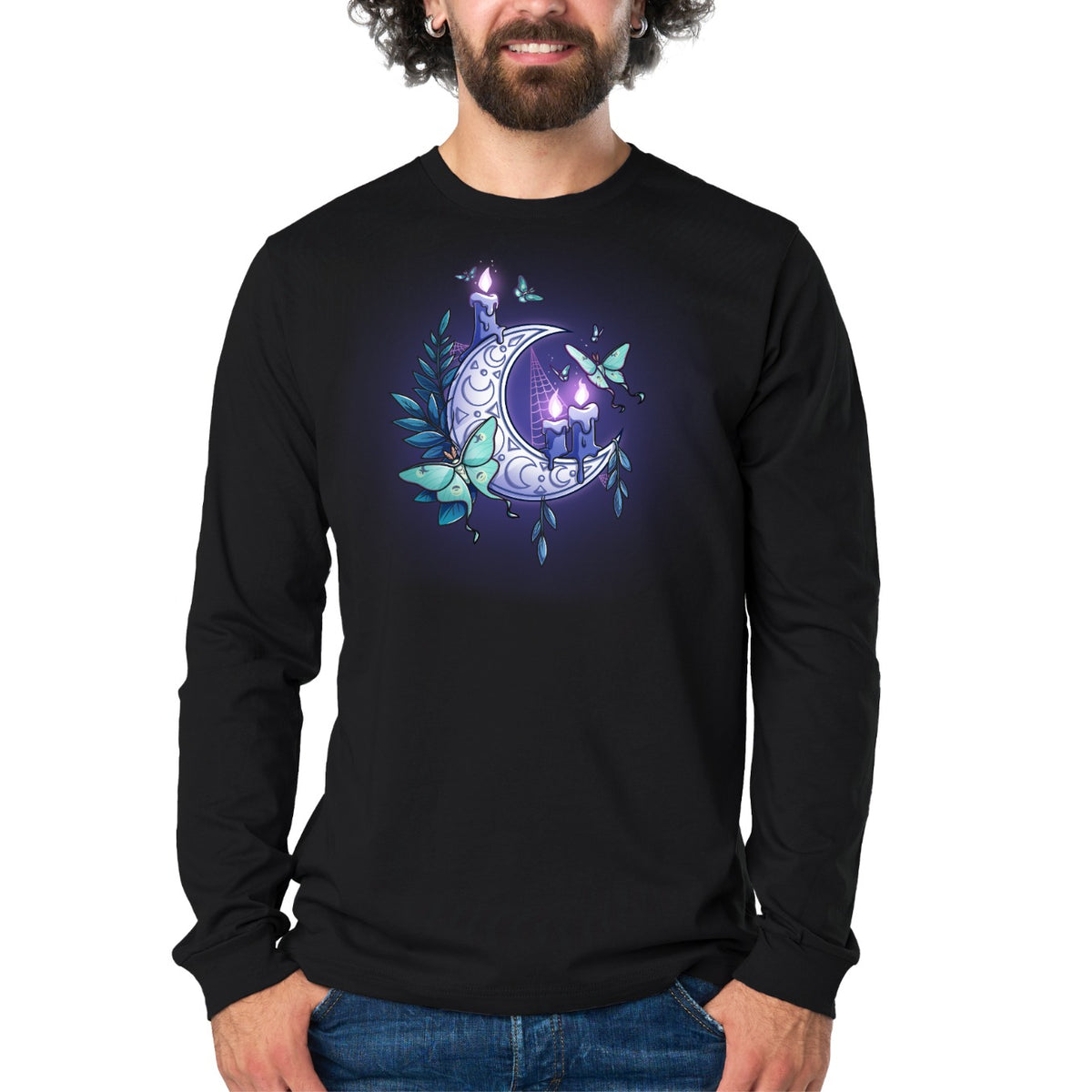 Long Sleeve T-shirt_TeeTurtle black Moonlit Luna Long Sleeve T-shirt featuring a glowing purple crescent moon adorned with candles, a luna moth, and delicate fern leaves in a mystical nighttime design.