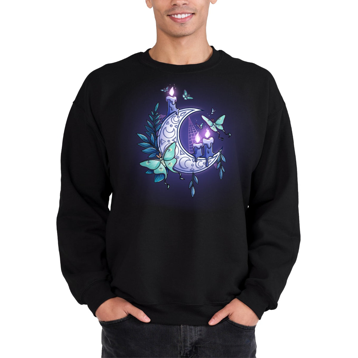 Crew Neck Sweatshirt_TeeTurtle black Moonlit Luna Crew Neck Sweatshirt featuring a glowing purple crescent moon adorned with candles, a luna moth, and delicate fern leaves in a mystical nighttime design.