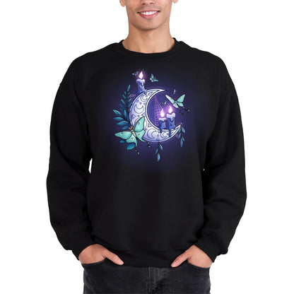Crew Neck Sweatshirt_TeeTurtle black Moonlit Luna Crew Neck Sweatshirt featuring a glowing purple crescent moon adorned with candles, a luna moth, and delicate fern leaves in a mystical nighttime design.