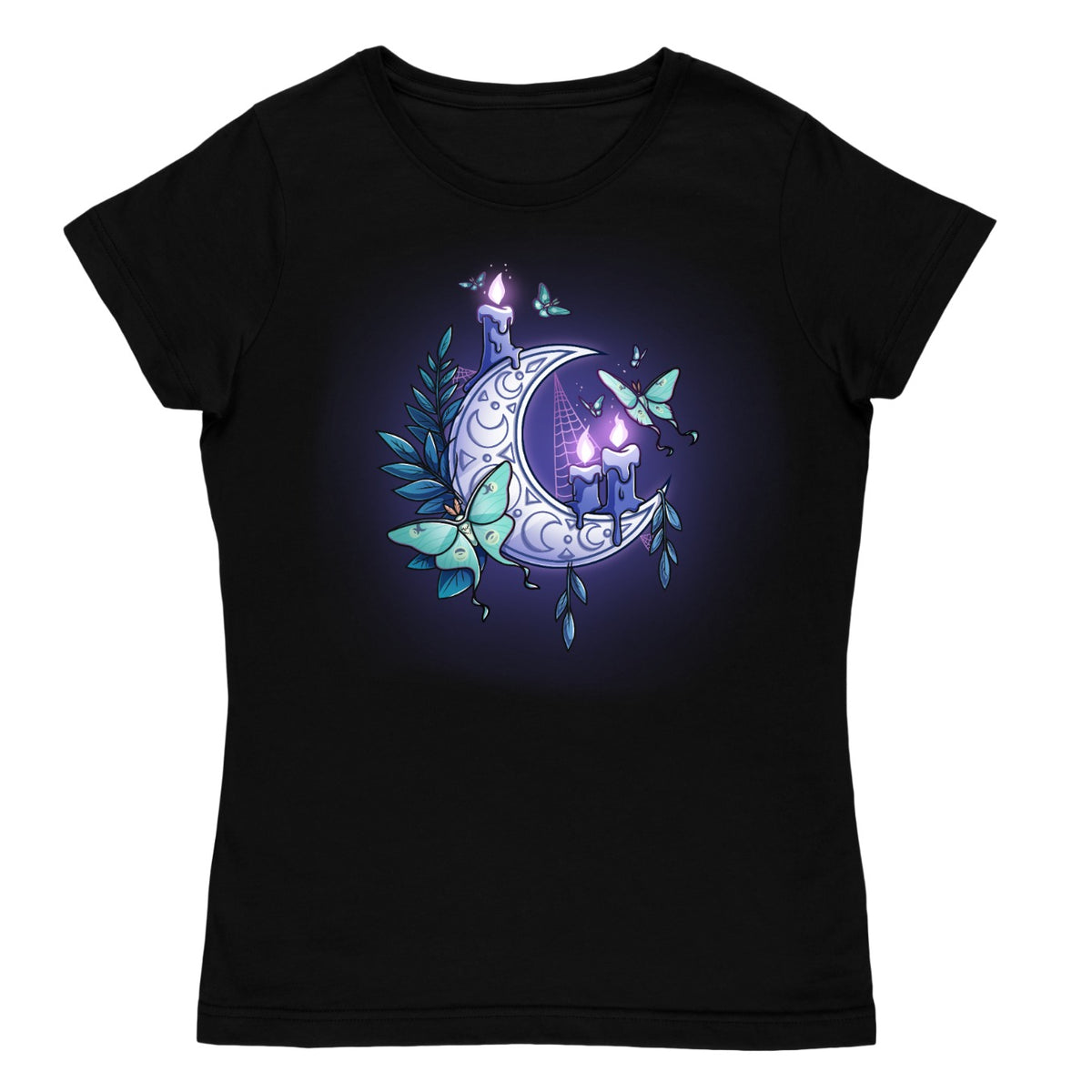 Women's Premium T-shirt_TeeTurtle black Moonlit Luna Premium Cotton T-shirt featuring a glowing purple crescent moon adorned with candles, a luna moth, and delicate fern leaves in a mystical nighttime design.