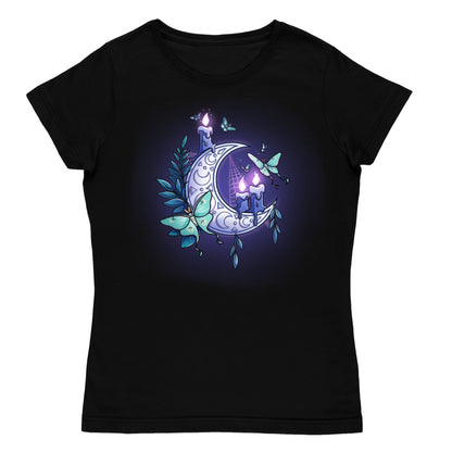 Women's Premium T-shirt_TeeTurtle black Moonlit Luna Premium Cotton T-shirt featuring a glowing purple crescent moon adorned with candles, a luna moth, and delicate fern leaves in a mystical nighttime design.