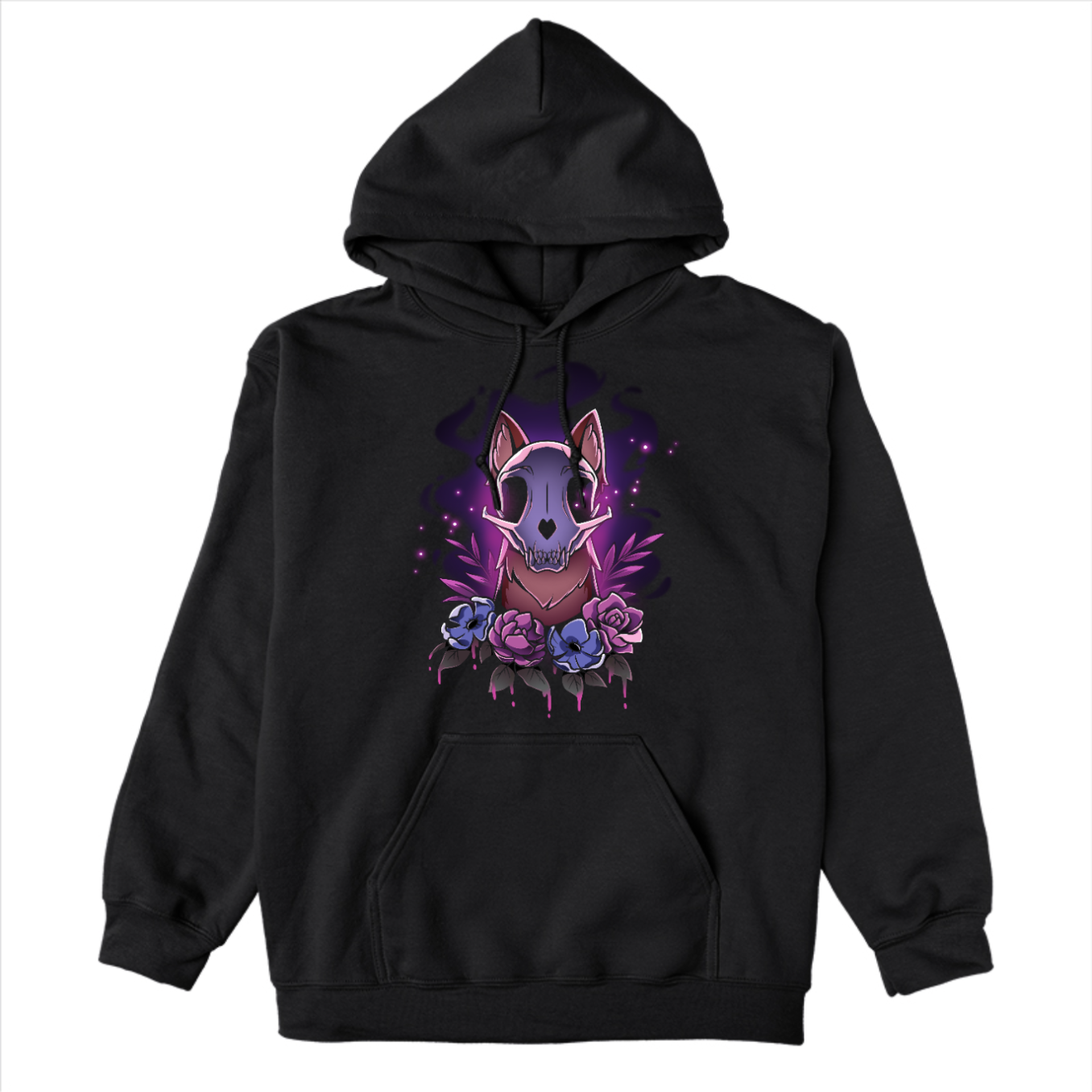 Pullover Hoodie_TeeTurtle black Memento Vulpes Pullover Hoodie featuring a fox skull resting on a weathered log with four purple flowers below, illuminated by a mystical purple glow.