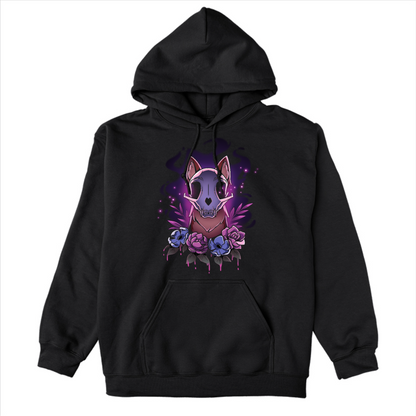 Pullover Hoodie_TeeTurtle black Memento Vulpes Pullover Hoodie featuring a fox skull resting on a weathered log with four purple flowers below, illuminated by a mystical purple glow.