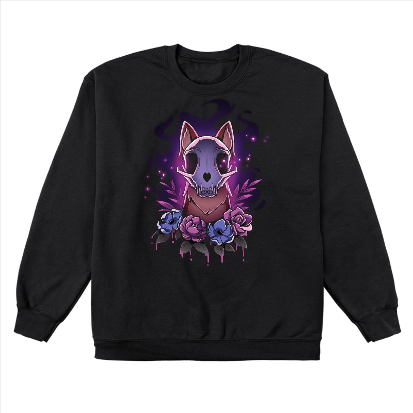 Crew Neck Sweatshirt_TeeTurtle black Memento Vulpes Crew Neck Sweatshirt featuring a fox skull resting on a weathered log with four purple flowers below, illuminated by a mystical purple glow.