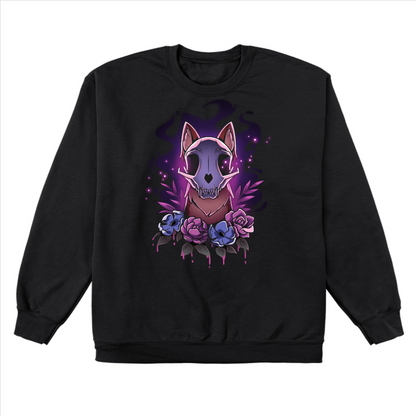 Crew Neck Sweatshirt_TeeTurtle black Memento Vulpes Crew Neck Sweatshirt featuring a fox skull resting on a weathered log with four purple flowers below, illuminated by a mystical purple glow.