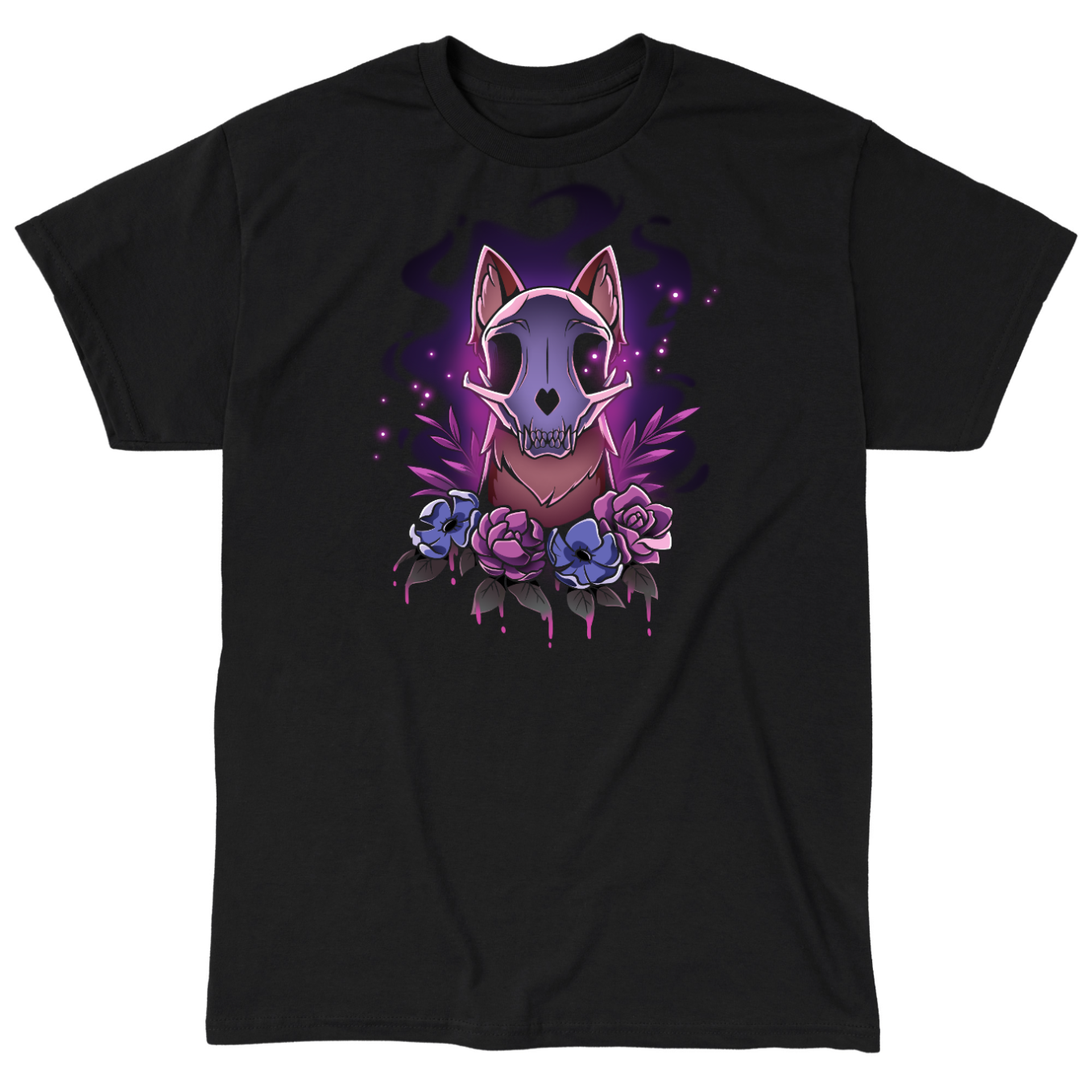 Classic Cotton T-shirt_TeeTurtle black Memento Vulpes Classic Cotton T-shirt featuring a fox skull resting on a weathered log with four purple flowers below, illuminated by a mystical purple glow.