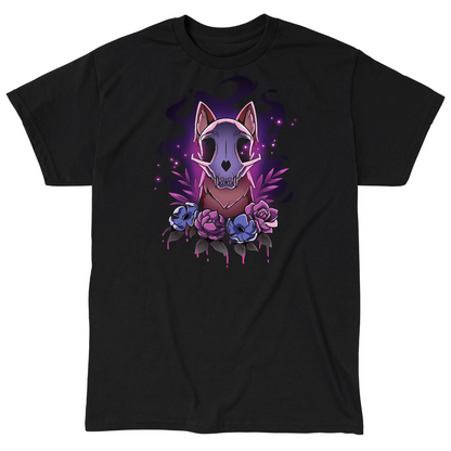 Classic Cotton T-shirt_TeeTurtle black Memento Vulpes Classic Cotton T-shirt featuring a fox skull resting on a weathered log with four purple flowers below, illuminated by a mystical purple glow.