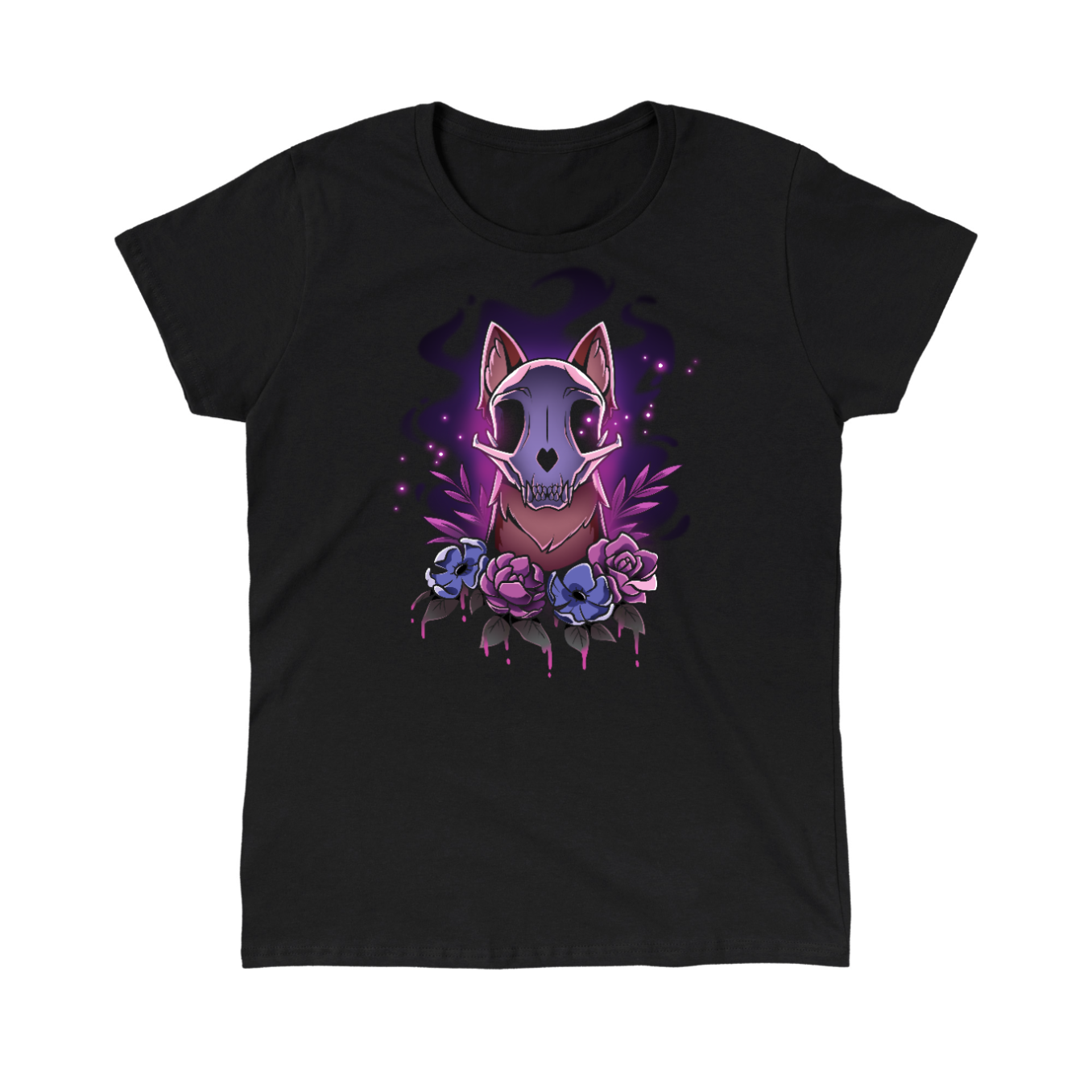 Classic Cotton T-shirt_TeeTurtle black Memento Vulpes Classic Cotton T-shirt featuring a fox skull resting on a weathered log with four purple flowers below, illuminated by a mystical purple glow.