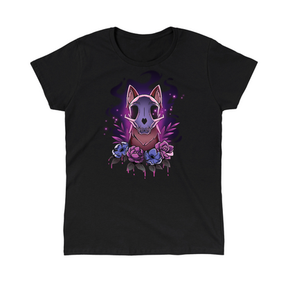 Classic Cotton T-shirt_TeeTurtle black Memento Vulpes Classic Cotton T-shirt featuring a fox skull resting on a weathered log with four purple flowers below, illuminated by a mystical purple glow.
