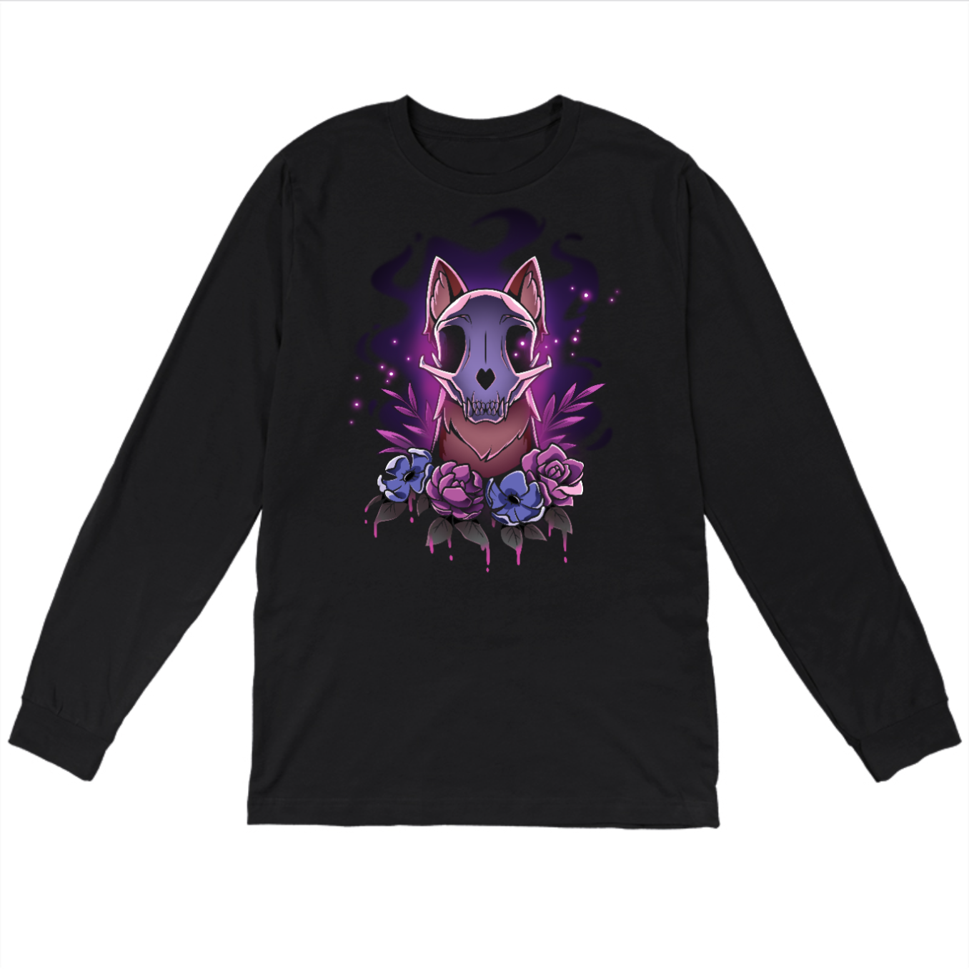Long Sleeve T-shirt_TeeTurtle black Memento Vulpes Long Sleeve T-shirt featuring a fox skull resting on a weathered log with four purple flowers below, illuminated by a mystical purple glow.