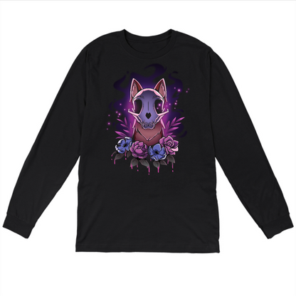 Long Sleeve T-shirt_TeeTurtle black Memento Vulpes Long Sleeve T-shirt featuring a fox skull resting on a weathered log with four purple flowers below, illuminated by a mystical purple glow.