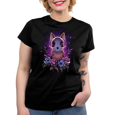 Premium Cotton T-shirt_TeeTurtle black Memento Vulpes Premium Cotton T-shirt featuring a fox skull resting on a weathered log with four purple flowers below, illuminated by a mystical purple glow.
