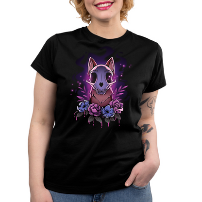 Premium Cotton T-shirt_TeeTurtle black Memento Vulpes Premium Cotton T-shirt featuring a fox skull resting on a weathered log with four purple flowers below, illuminated by a mystical purple glow.