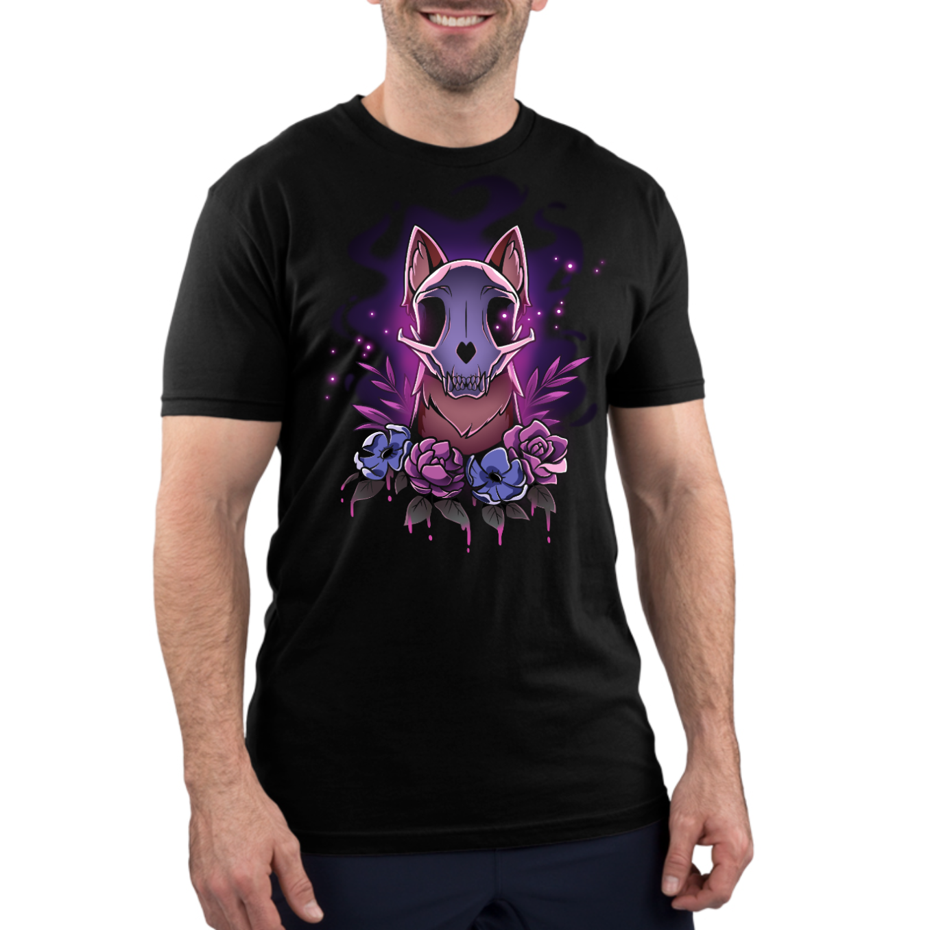Premium Cotton T-shirt_TeeTurtle black Memento Vulpes Premium Cotton T-shirt featuring a fox skull resting on a weathered log with four purple flowers below, illuminated by a mystical purple glow.