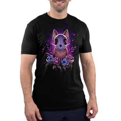 Premium Cotton T-shirt_TeeTurtle black Memento Vulpes Premium Cotton T-shirt featuring a fox skull resting on a weathered log with four purple flowers below, illuminated by a mystical purple glow.