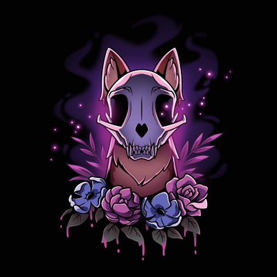 Premium Cotton T-shirt_TeeTurtle black Memento Vulpes Premium Cotton T-shirt featuring a fox skull resting on a weathered log with four purple flowers below, illuminated by a mystical purple glow.