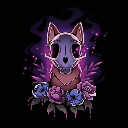 Premium Cotton T-shirt_TeeTurtle black Memento Vulpes Premium Cotton T-shirt featuring a fox skull resting on a weathered log with four purple flowers below, illuminated by a mystical purple glow.
