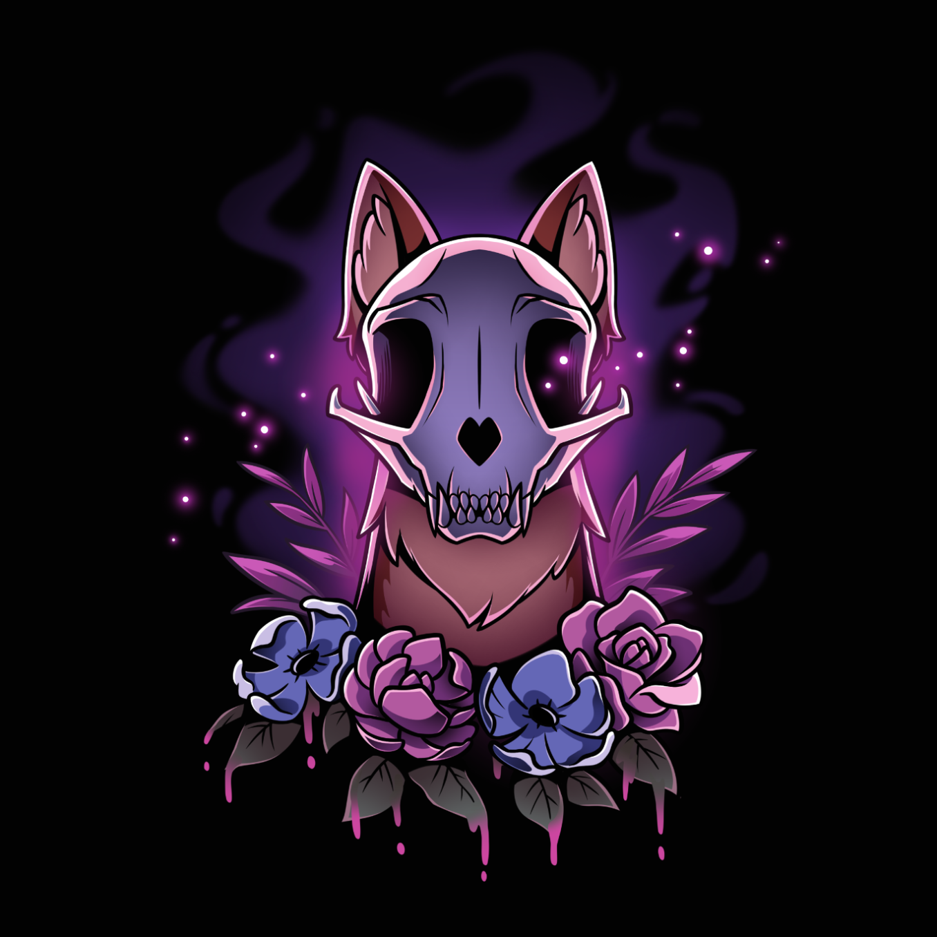 Crew Neck Sweatshirt_TeeTurtle black Memento Vulpes Crew Neck Sweatshirt featuring a fox skull resting on a weathered log with four purple flowers below, illuminated by a mystical purple glow.