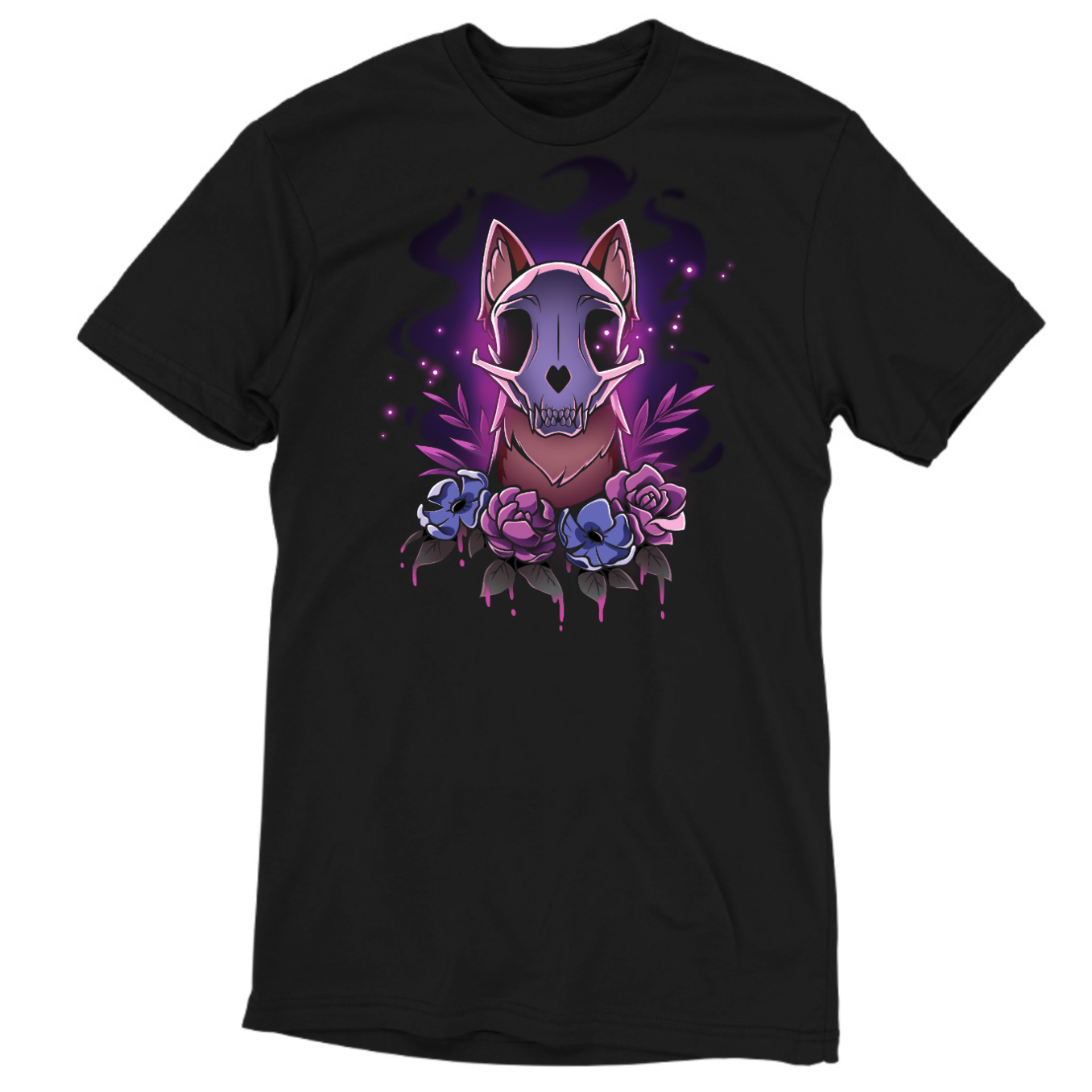 Premium Cotton T-shirt_TeeTurtle black Memento Vulpes Premium Cotton T-shirt featuring a fox skull resting on a weathered log with four purple flowers below, illuminated by a mystical purple glow.