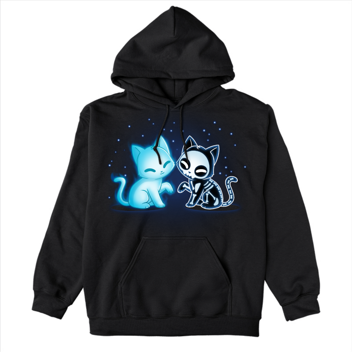 Pullover Hoodie_TeeTurtle black Purranormal Pals Pullover Hoodie featuring a glowing blue ghost cat sitting beside a smiling skeleton cat, surrounded by small blue stars.