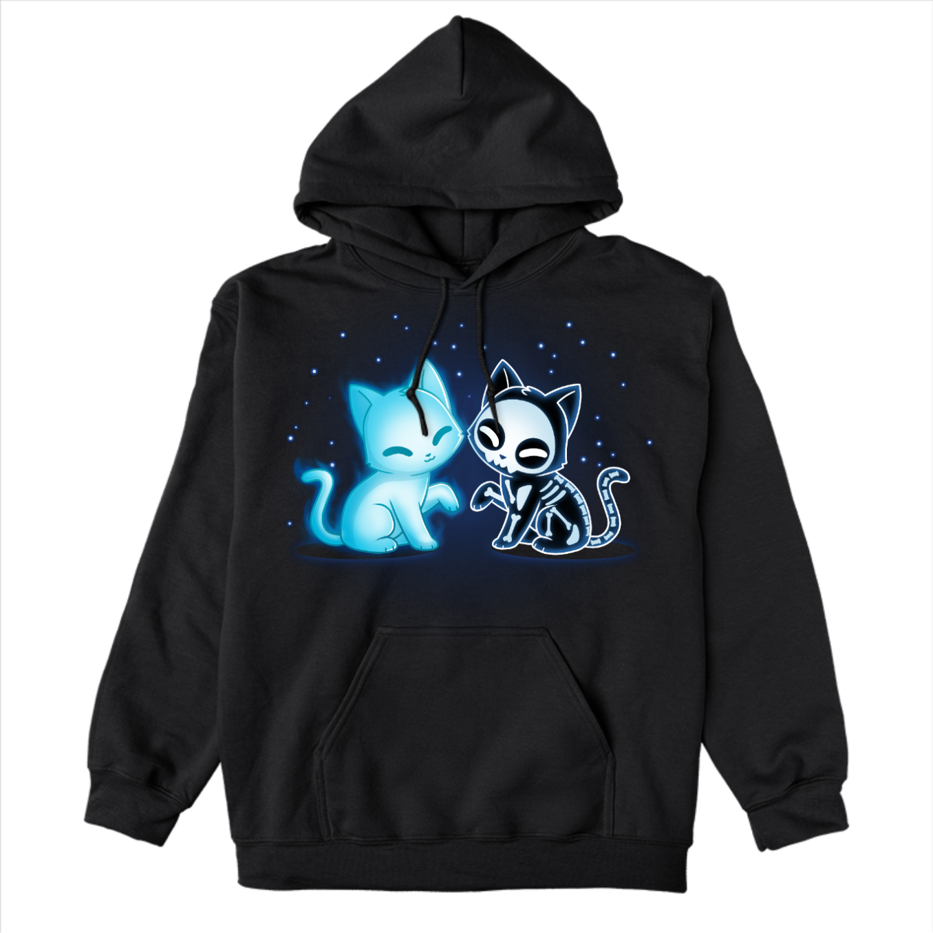 Pullover Hoodie_TeeTurtle black Purranormal Pals Pullover Hoodie featuring a glowing blue ghost cat sitting beside a smiling skeleton cat, surrounded by small blue stars.