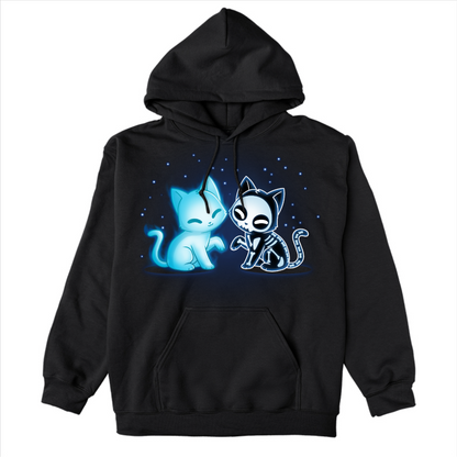 Pullover Hoodie_TeeTurtle black Purranormal Pals Pullover Hoodie featuring a glowing blue ghost cat sitting beside a smiling skeleton cat, surrounded by small blue stars.