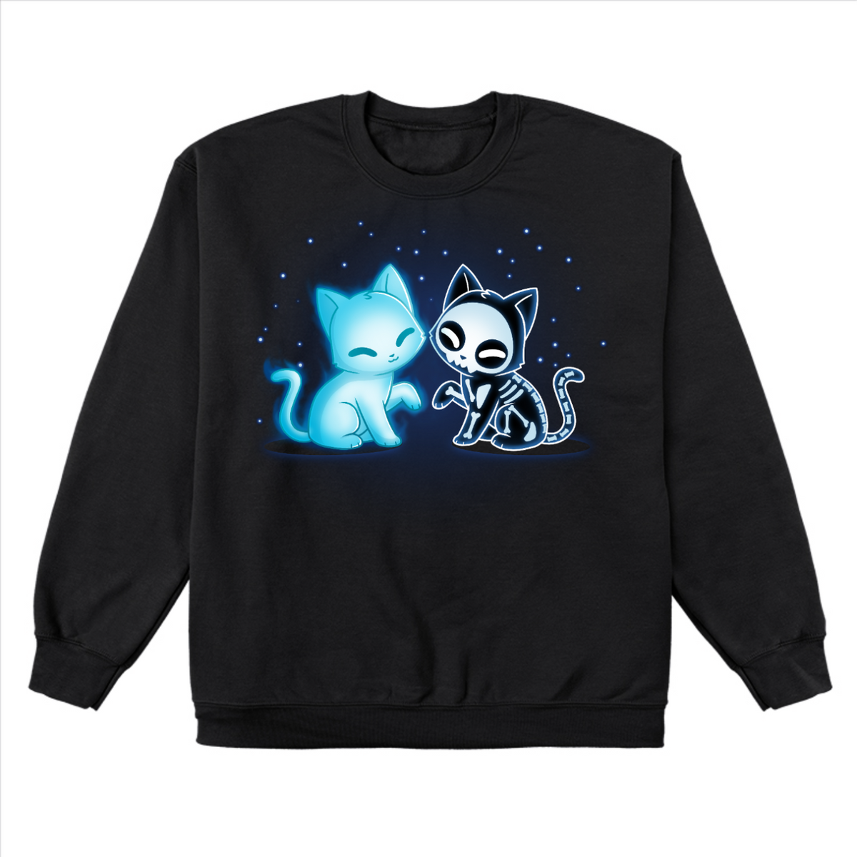 Crew Neck Sweatshirt_TeeTurtle black Purranormal Pals Crew Neck Sweatshirt featuring a glowing blue ghost cat sitting beside a smiling skeleton cat, surrounded by small blue stars.