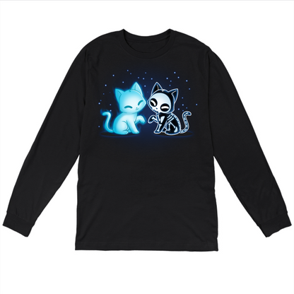 Long Sleeve T-shirt_TeeTurtle black Purranormal Pals Long Sleeve T-shirt featuring a glowing blue ghost cat sitting beside a smiling skeleton cat, surrounded by small blue stars.