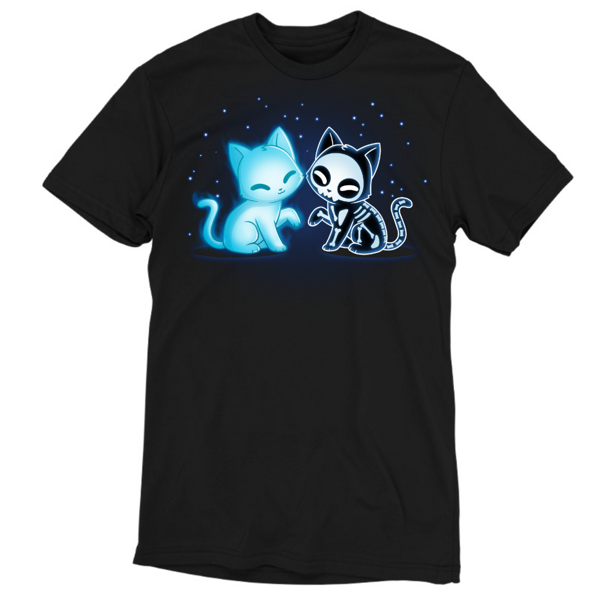Men's Premium T-shirt_TeeTurtle black Purranormal Pals Men's Premium T-Shirt featuring a glowing blue ghost cat sitting beside a smiling skeleton cat, surrounded by small blue stars.