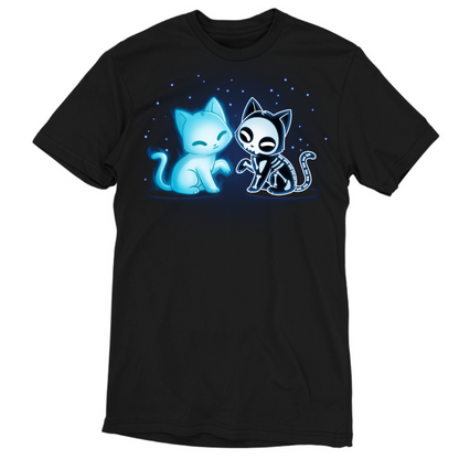 Men's Premium T-shirt_TeeTurtle black Purranormal Pals Men's Premium T-Shirt featuring a glowing blue ghost cat sitting beside a smiling skeleton cat, surrounded by small blue stars.