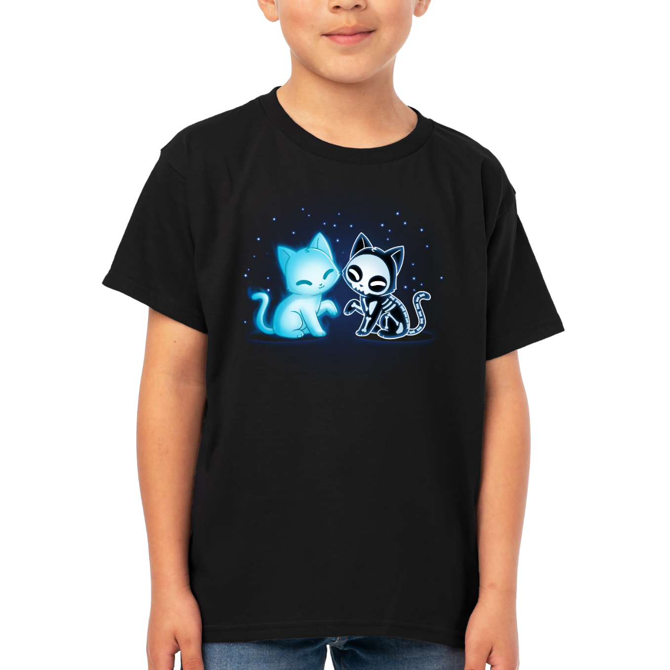 Kids' Classic T-shirt_TeeTurtle black Purranormal Pals Kids' Classic T-Shirt featuring a glowing blue ghost cat sitting beside a smiling skeleton cat, surrounded by small blue stars.