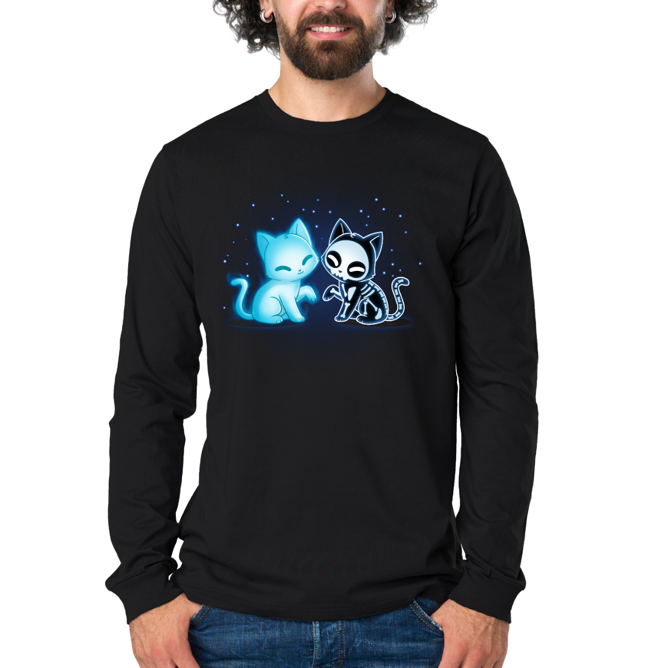 Long Sleeve T-shirt_TeeTurtle black Purranormal Pals Long Sleeve T-shirt featuring a glowing blue ghost cat sitting beside a smiling skeleton cat, surrounded by small blue stars.