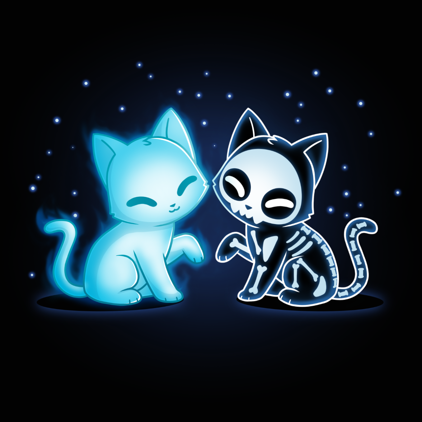 Long Sleeve T-shirt_TeeTurtle black Purranormal Pals Long Sleeve T-shirt featuring a glowing blue ghost cat sitting beside a smiling skeleton cat, surrounded by small blue stars.