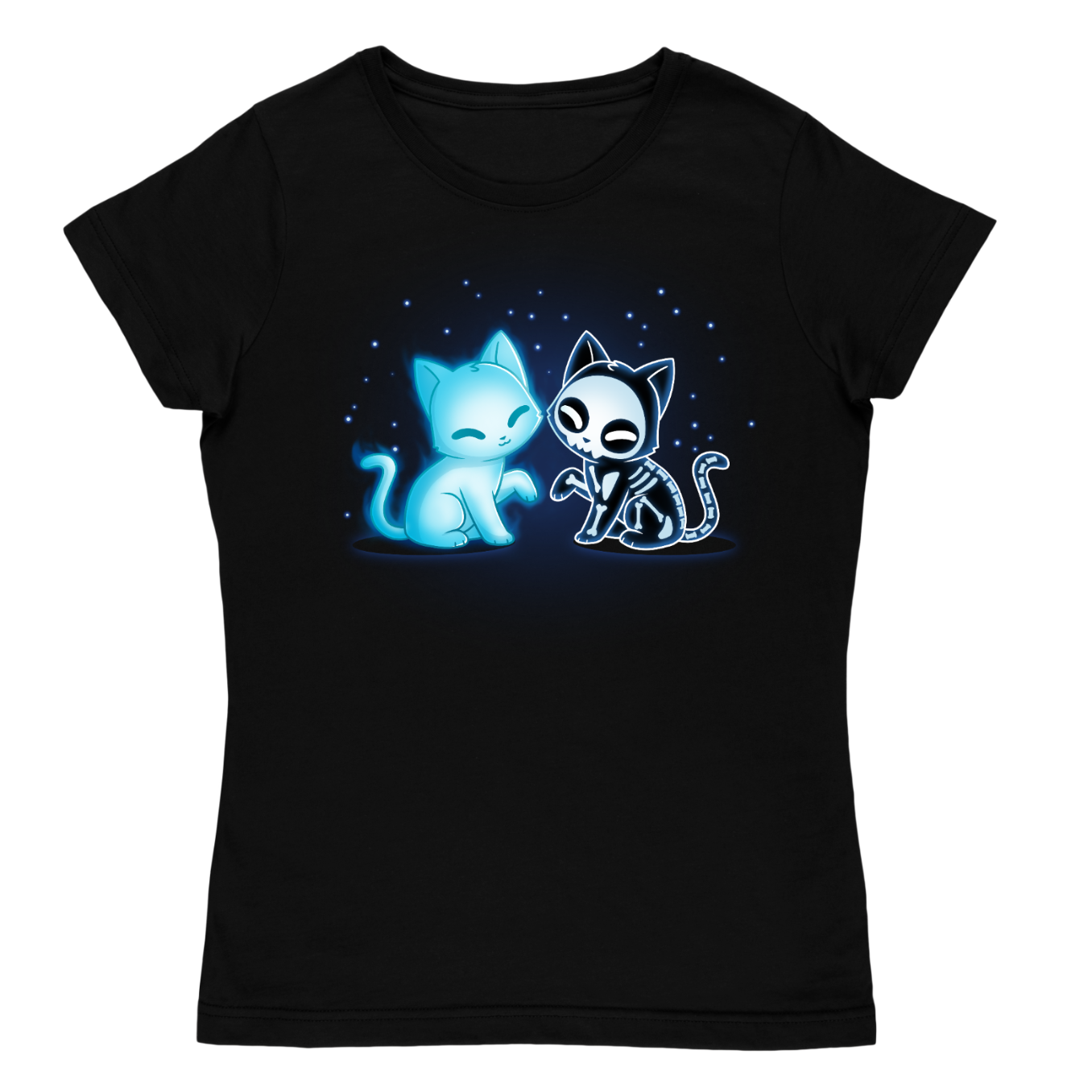 Women's Premium T-shirt_TeeTurtle black Purranormal Pals Women's Premium T-Shirt featuring a glowing blue ghost cat sitting beside a smiling skeleton cat, surrounded by small blue stars.