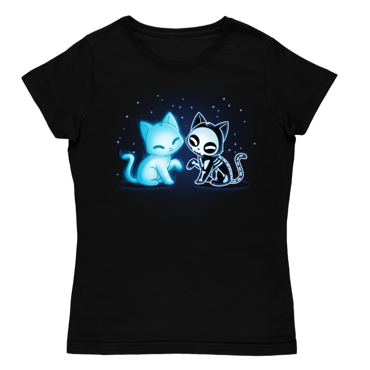Women's Premium T-shirt_TeeTurtle black Purranormal Pals Women's Premium T-Shirt featuring a glowing blue ghost cat sitting beside a smiling skeleton cat, surrounded by small blue stars.